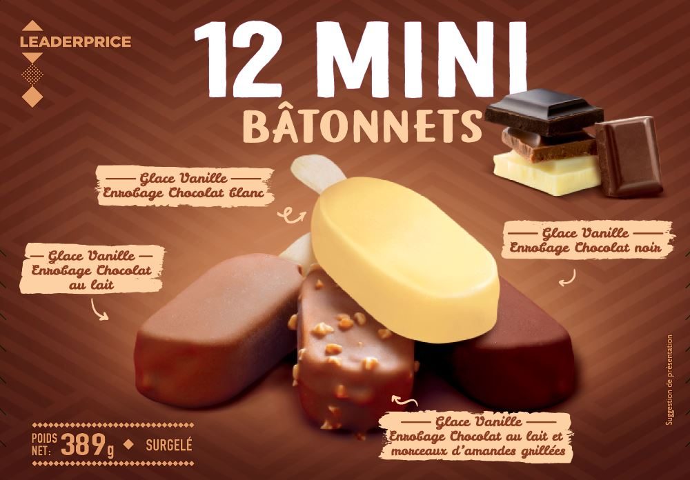 12 mini bâtonnets glace vanille chocolat 389g / 540ml leader price : photo du produit rappelé le 30/07/2021