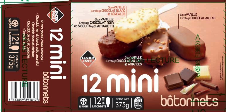 12 mini bâtonnets vanille enrobage chocolat leader price 375g : photo du produit rappelé le 03/02/2022