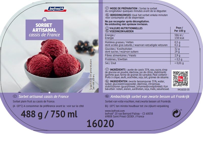 16020- sorbet artisanal cassis noir de France DLUO 04/09/2022 Bofrost* : photo du produit rappelé le 09/11/2021