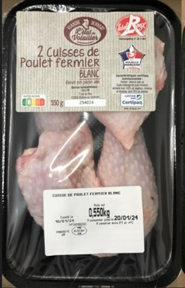 2 cuisses de poulet fermier blanc label rouge 550g Etal du Volailler : photo du produit rappelé le 28/03/2024