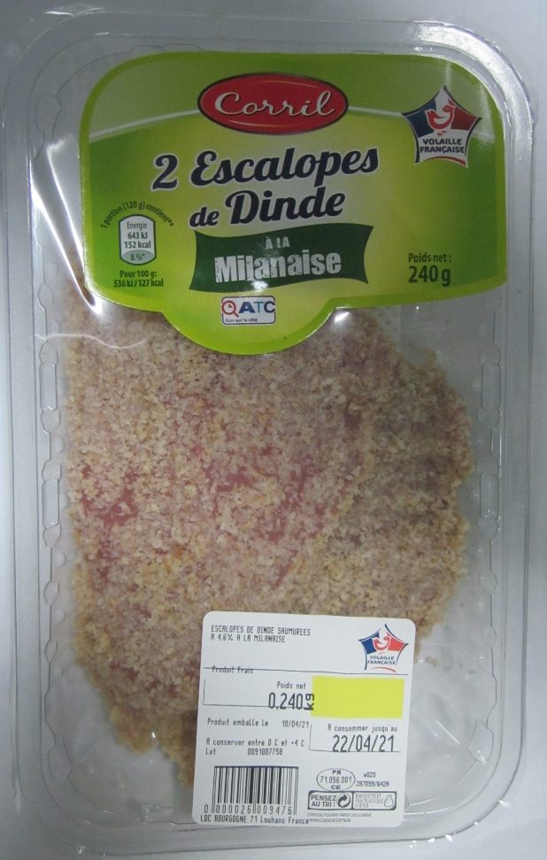2 escalopes de dinde a la milanaise 240g Corril : photo du produit rappelé le 30/04/2021