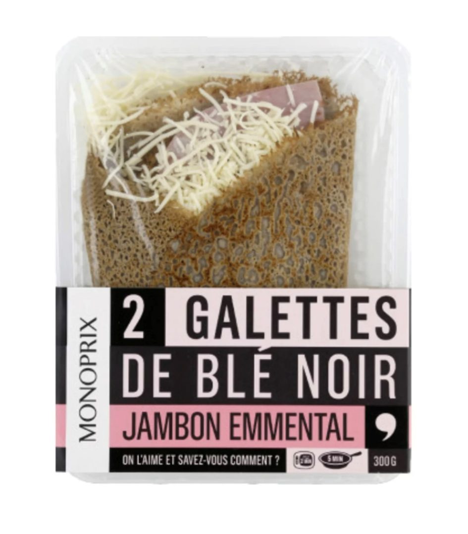 2 galettes de blé noir jambon emmental 300g Monoprix : photo du produit rappelé le 04/03/2024