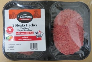 2 steaks haches pur bœuf facon bouchere 15% matiere ST Clement le Boucher : photo du produit rappelé le 19/07/2024