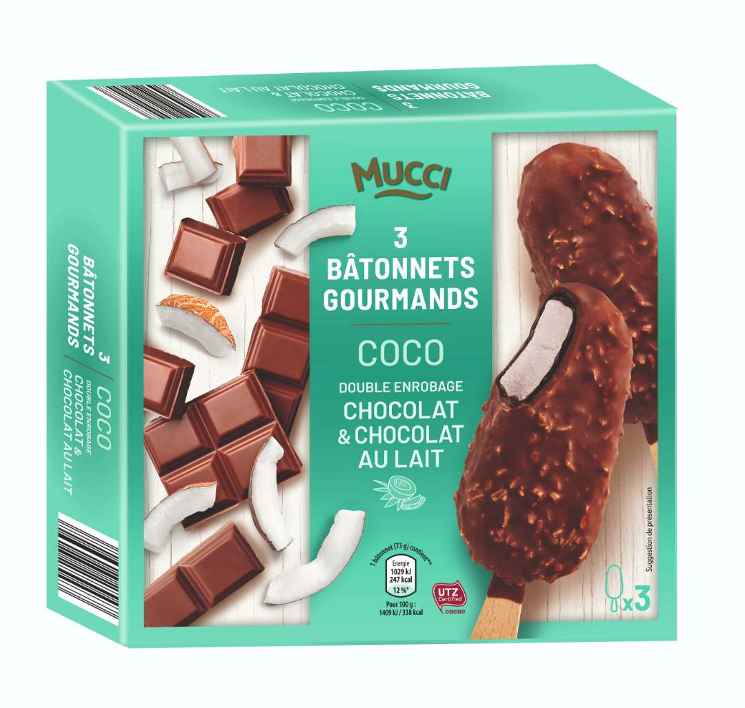 3 bâtonnets gourmands 219g - recettes coco, caramel, pistache Mucci : photo du produit rappelé le 07/12/2021
