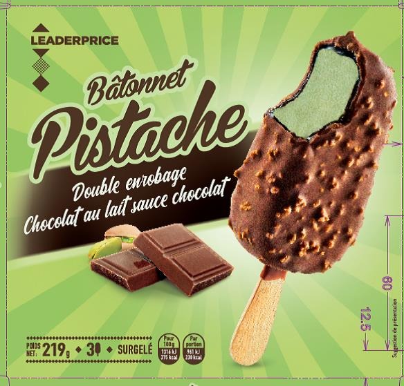 3 bâtonnets pistache double enrobage chocolat au lait sauce Leader Price : photo du produit rappelé le 02/07/2021