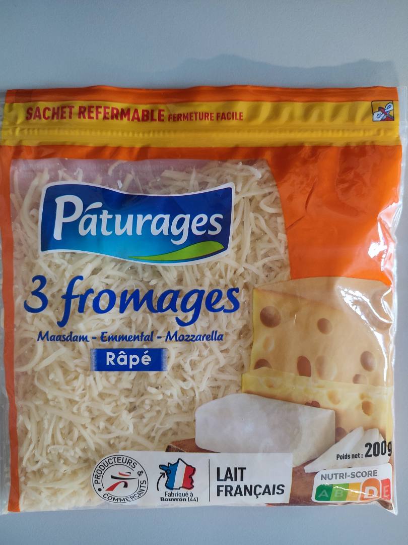 3 fromages maasdam, emmental, mozzarella râpé 200g paturages : photo du produit rappelé le 29/04/2024