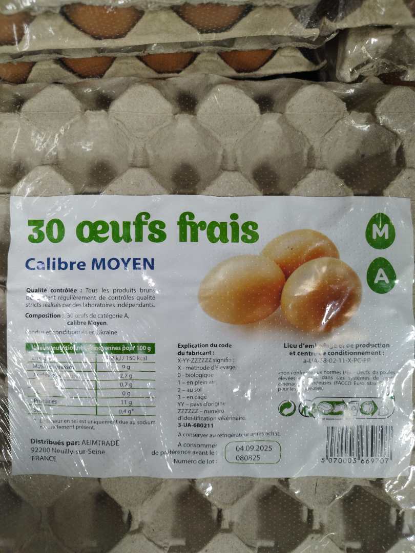 30 œufs frais - calibre moyen : photo du produit rappelé le 29/08/2025