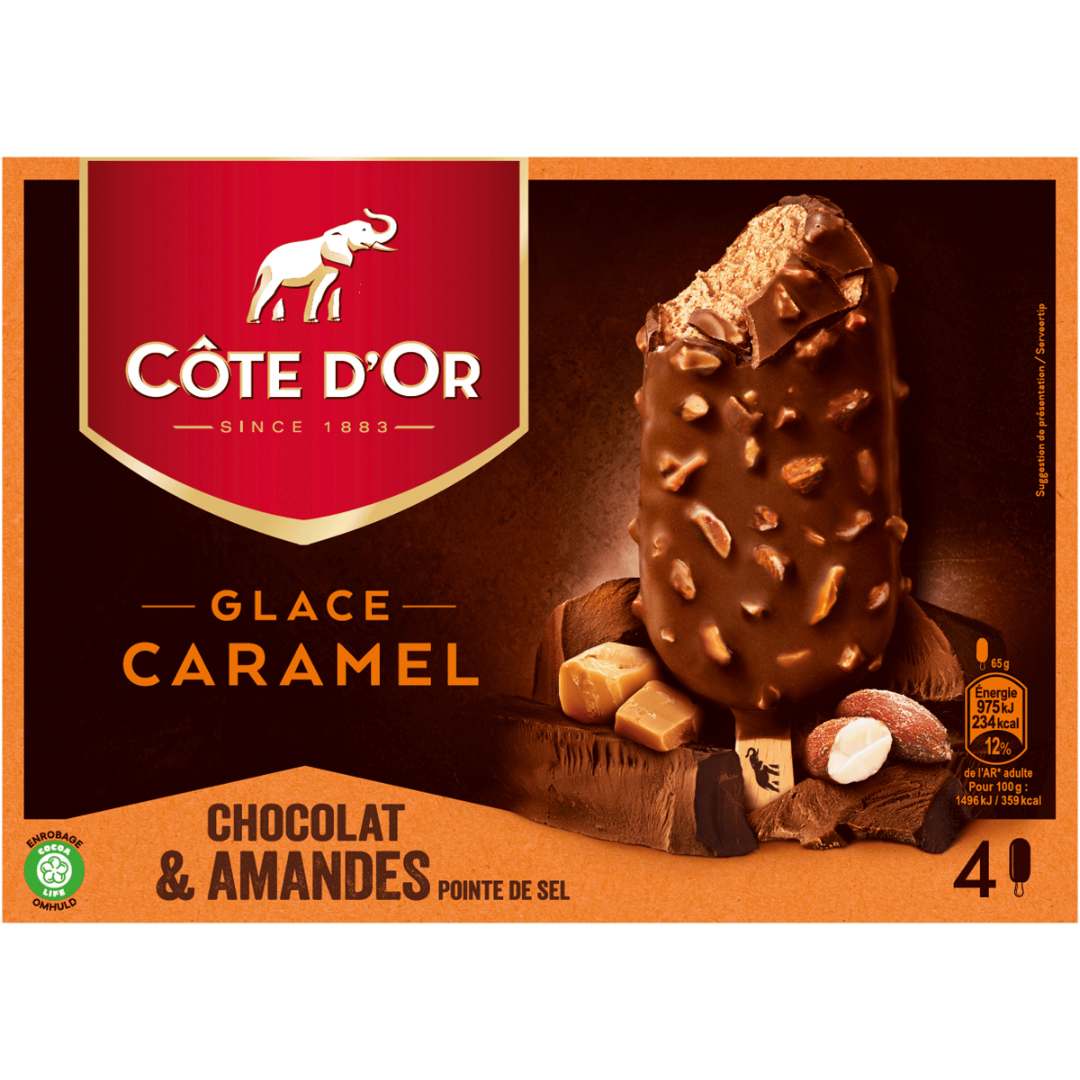 4 batonnets de glace caramel enrobage lait amandes Cote d'Or Mondelez : photo du produit rappelé le 06/07/2021