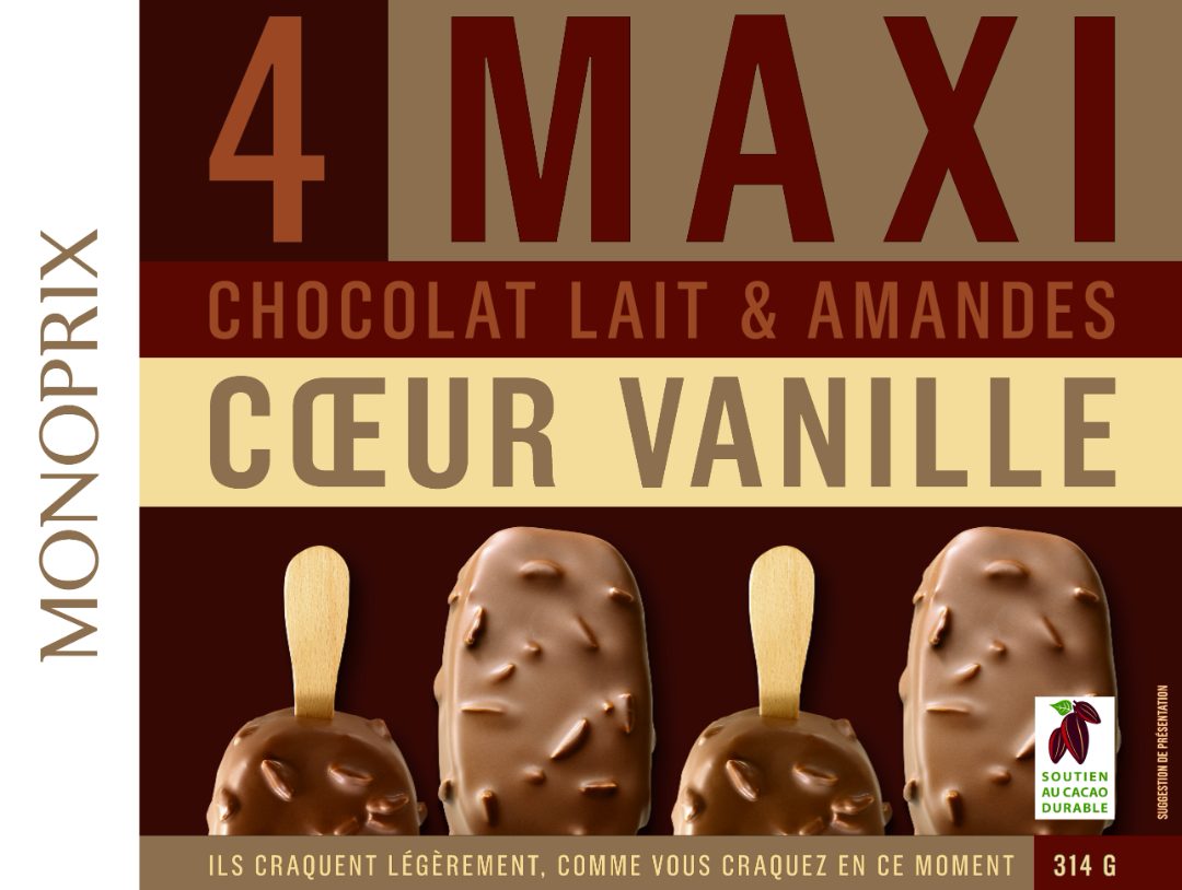 4 bâtonnets vanille/chocolat au lait/amande 440ml Monoprix : photo du produit rappelé le 06/12/2021