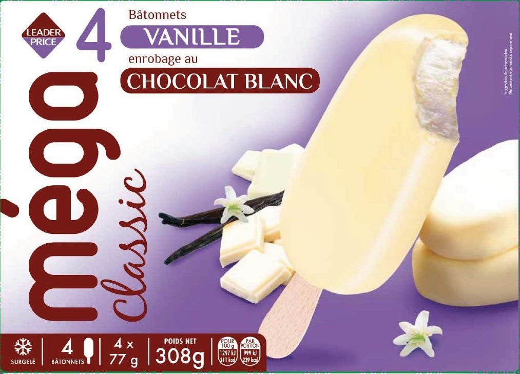 4 bâtonnets vanille enrobage chocolat blanc 308g / 440ml leader price : photo du produit rappelé le 30/07/2021