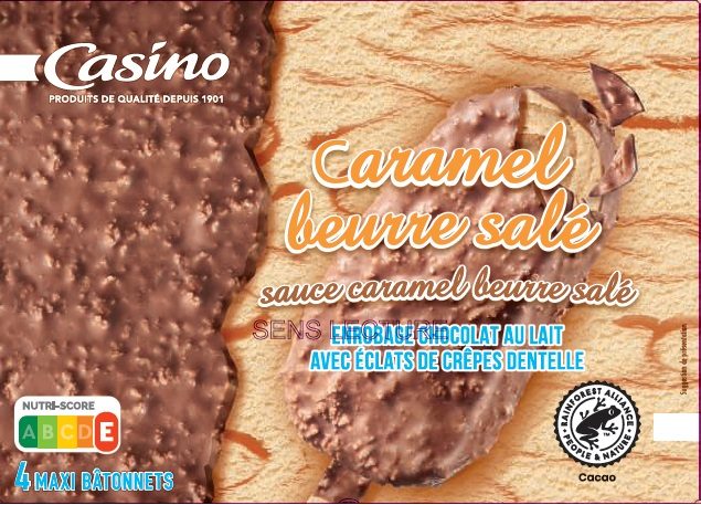 4 maxi bâtonnets caramel beurre salé 308g / 400ml Casino : photo du produit rappelé le 21/06/2021