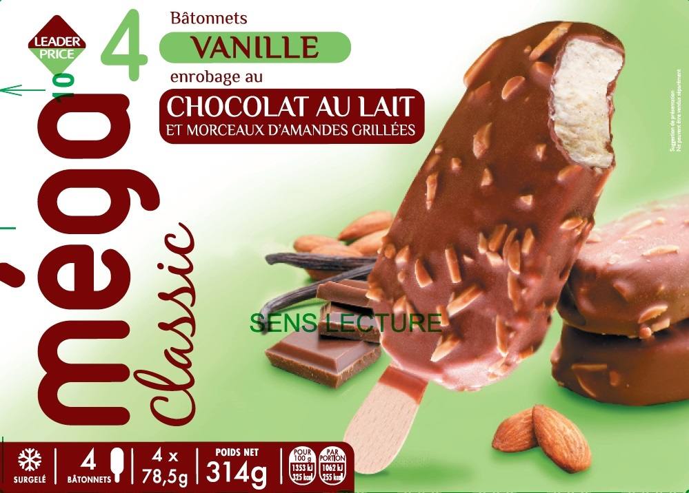 4 mega classique bâtonnets vanille enrobage chocolat au lait Leader Price : photo du produit rappelé le 30/07/2021