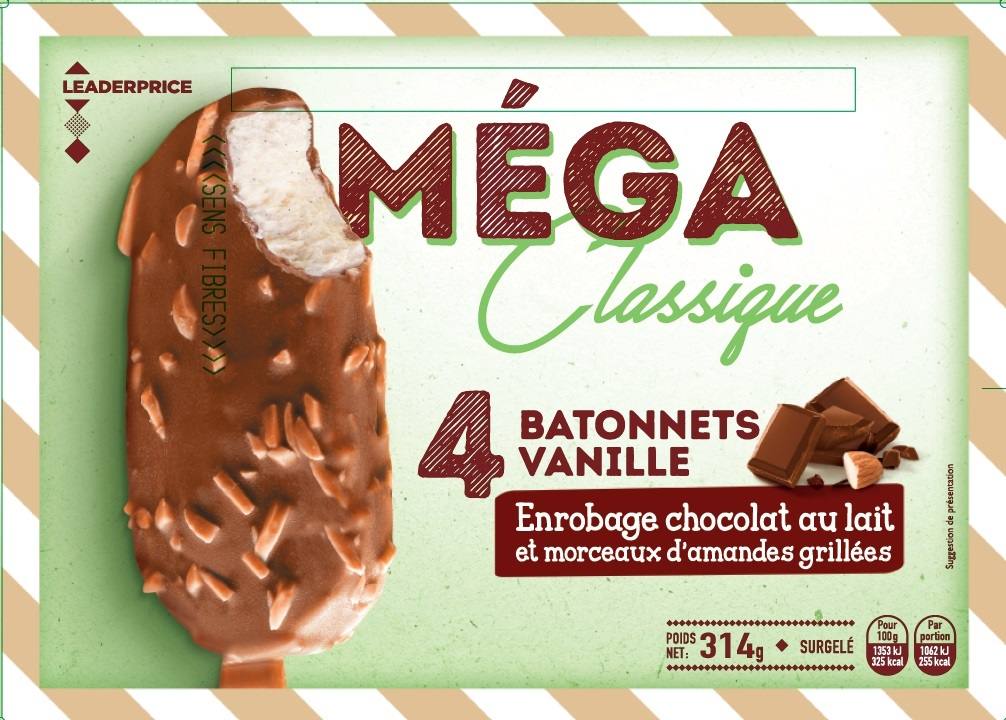 4 mega classique bâtonnets vanille enrobage chocolat au lait Leader Price : photo du produit rappelé le 30/07/2021