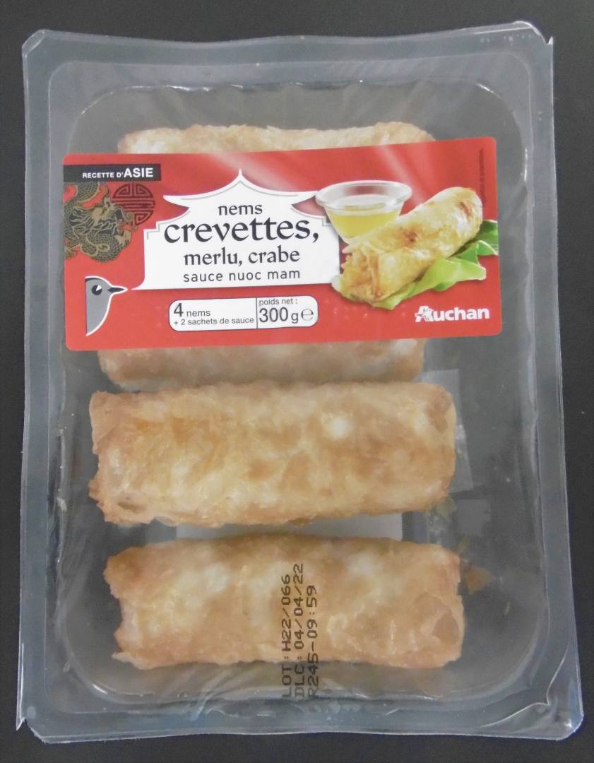 4 nems crevettes, merlu, crabe Auchan : photo du produit rappelé le 18/03/2022