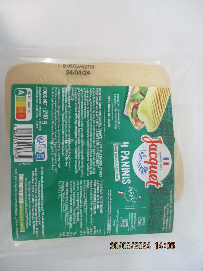 4 paninis sans sucre ajoutes jacquet 240g : photo du produit rappelé le 21/03/2024