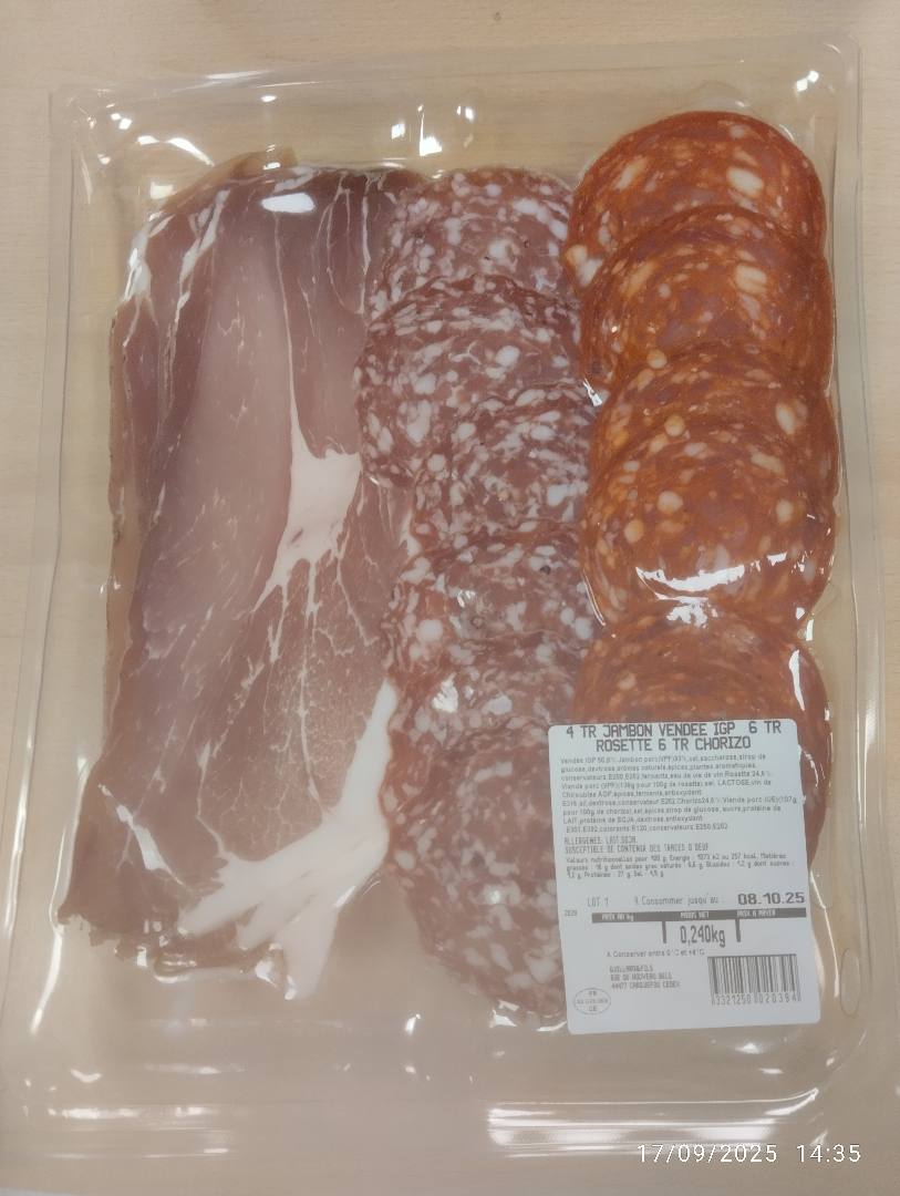 4 tr jambon vendee IGP 6 tr rosette 6 tr chorizo : photo du produit rappelé le 18/09/2025