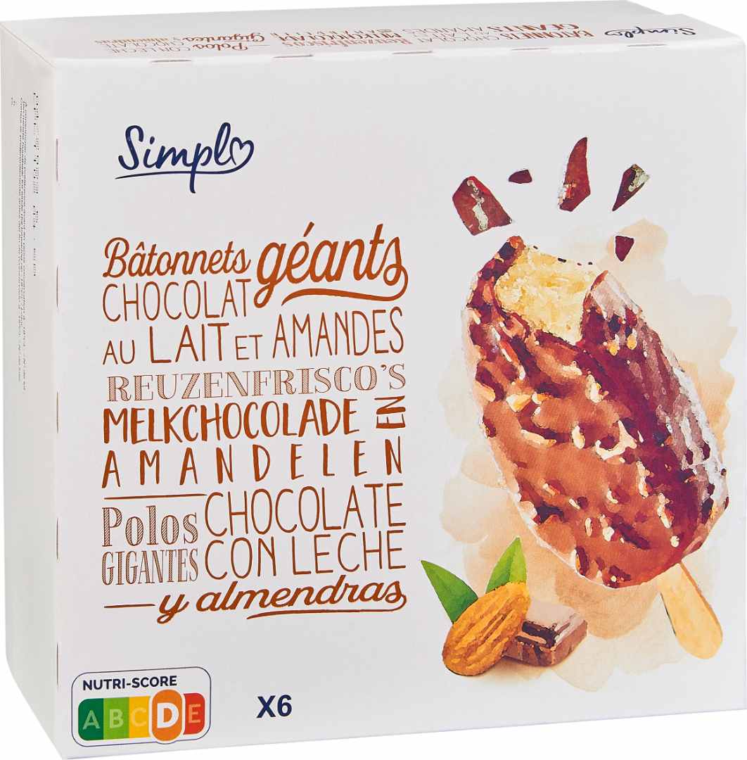 6 bâtonnets glace vanille enrobage chocolat au lait et amandes Simpl : photo du produit rappelé le 06/07/2021