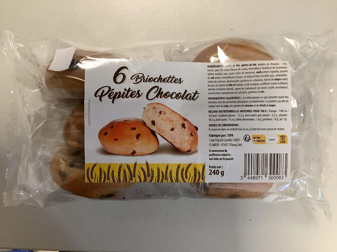 6 briochettes pépites chocolat : photo du produit rappelé le 04/07/2025