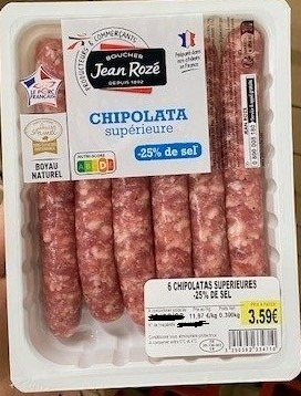 6 chipolatas superieures -25% de sel Jean Roze : photo du produit rappelé le 28/02/2023