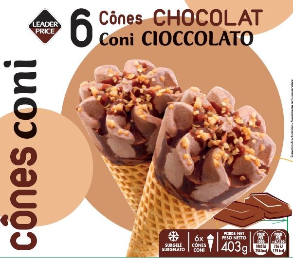 6 cônes chocolat 403g leader price : photo du produit rappelé le 30/07/2021