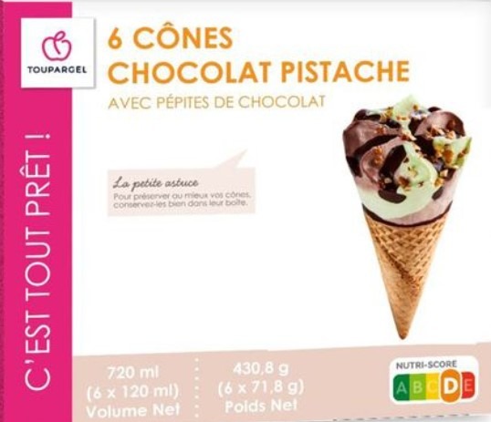 6 cônes chocolat pistache Toupargel : photo du produit rappelé le 04/08/2021
