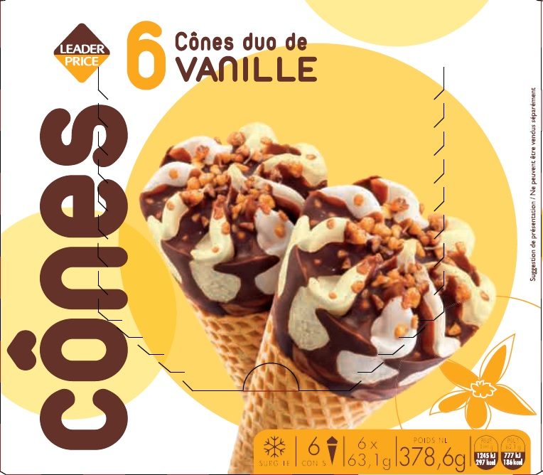 6 cônes duo vanille 378,6g / 660ml leader price : photo du produit rappelé le 28/07/2021