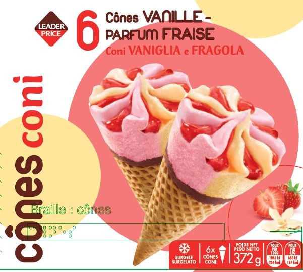 6 cônes vanille fraise 372g leader price : photo du produit rappelé le 30/07/2021