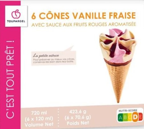 6 cônes vanille fraise Toupargel : photo du produit rappelé le 04/08/2021