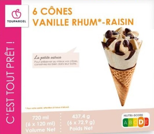 6 cônes vanille rhum raisin Toupargel : photo du produit rappelé le 04/08/2021