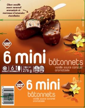 6 mini bâtonnets vanille caramel amande leader price 276g : photo du produit rappelé le 03/02/2022