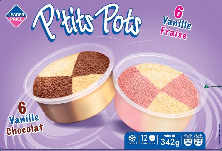 6 p’tits pots vanille fraise et vanille chocolat 342g leader price : photo du produit rappelé le 30/07/2021
