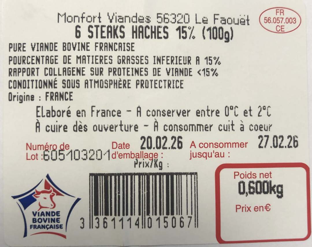 6 steaks haches 15% (100g) Monfort Viandes : photo du produit rappelé le 26/02/2026