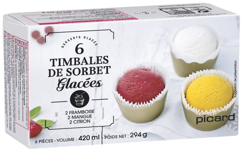6 timbales de sorbet glacées framboise - mangue - citron Picard : photo du produit rappelé le 27/01/2022