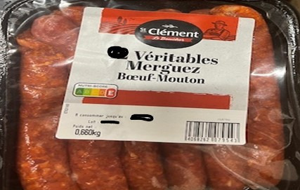 6 véritables merguez fortes boeuf-mouton Saint Clément le Boucher : photo du produit rappelé le 27/05/2025