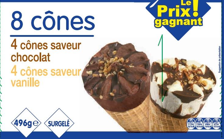 8 cônes 4 chocolat / 4 vanille 496g le prix gagnant Leader Price : photo du produit rappelé le 30/07/2021