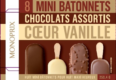 8 mini bâtonnets chocolats assortis cœur vanille 250,4g / 360ml Monoprix : photo du produit rappelé le 03/02/2022