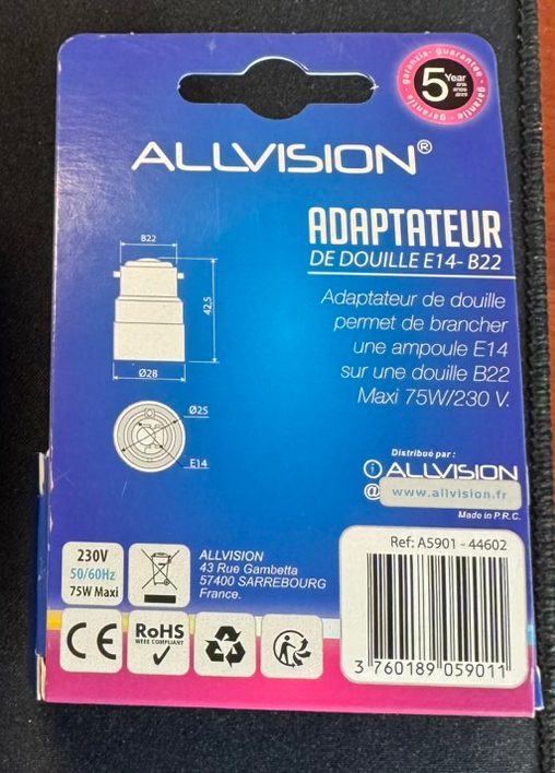 Adaptateur de douille blanc b22-e14 Allvision : photo 4 sur 5 du produit rappelé le 06/02/2026