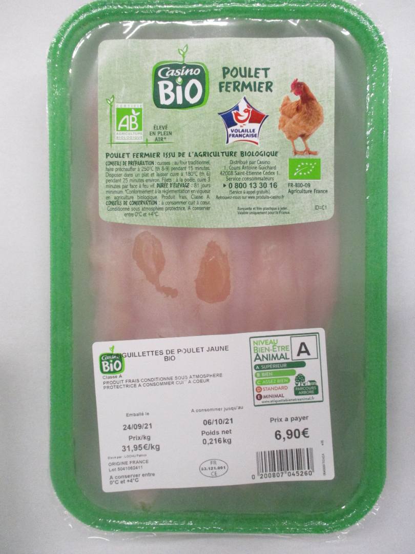 Aiguillettes de poulet bio jaune Casino BIO : photo du produit rappelé le 06/12/2021