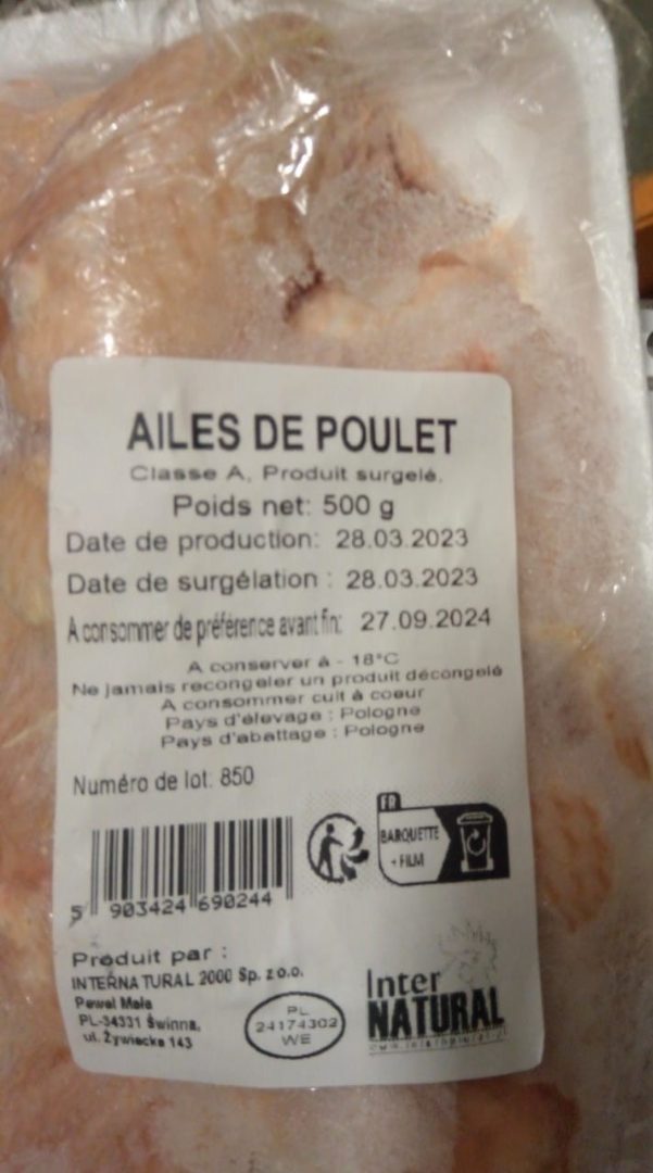 Ailes de poulet surgelees Inter Natural : photo du produit rappelé le 29/04/2024