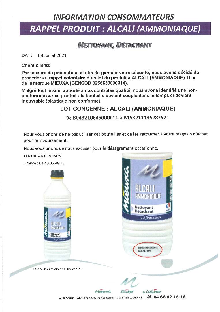 Alcali ammoniaque 1l Mieuxa : photo 2 sur 2 du produit rappelé le 09/07/2021