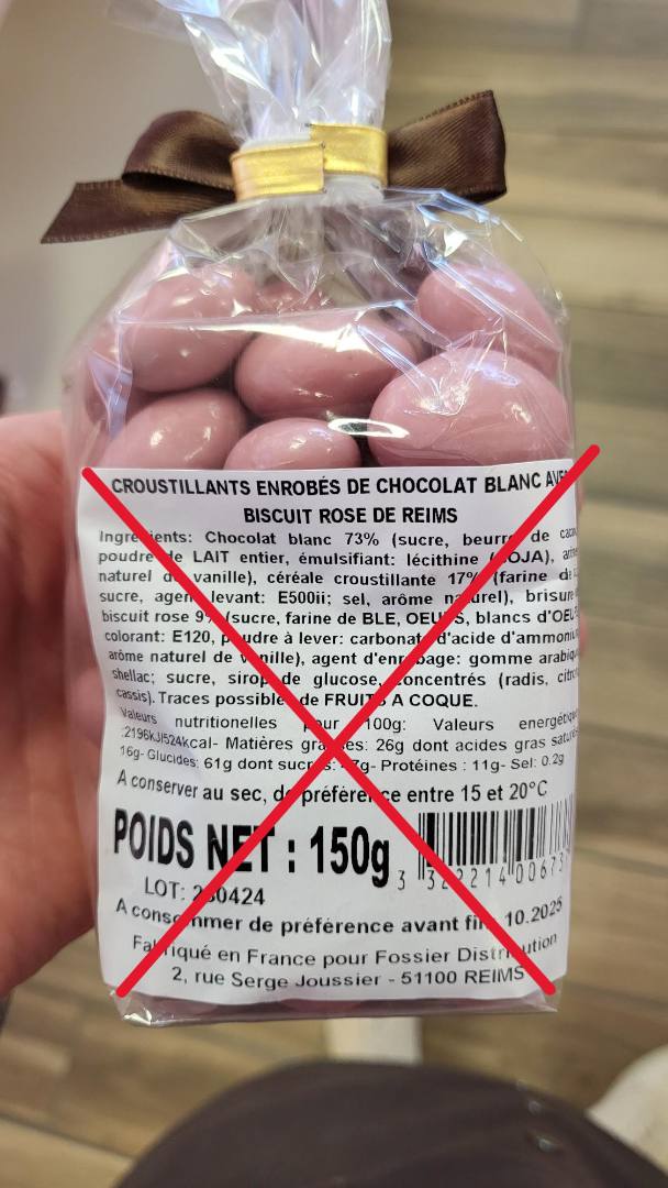 Amandes chocolat lait et blanc au biscuit rose de reims Fossier : photo 2 sur 2 du produit rappelé le 05/07/2024