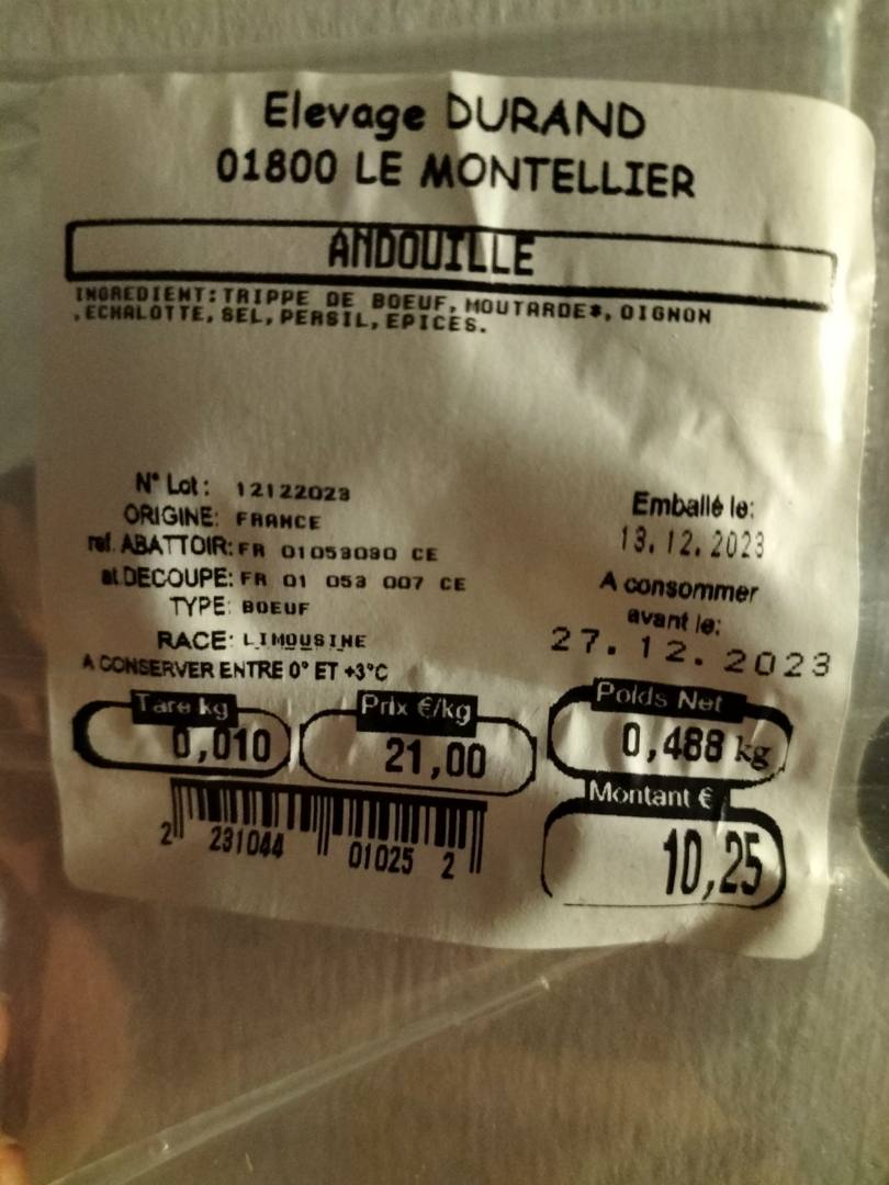 Andouille Elevage Durand : photo du produit rappelé le 11/01/2024