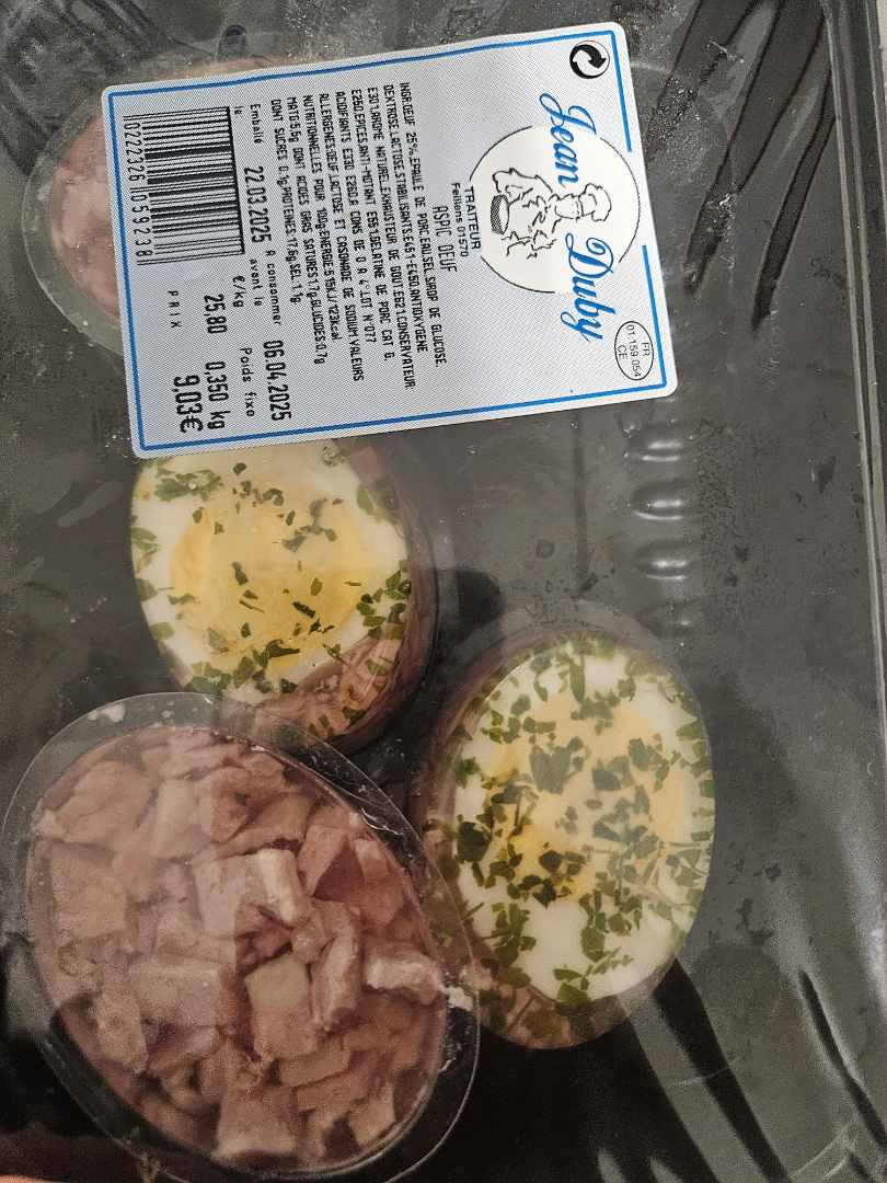 Aspic oeuf Sarl Jean Duby : photo du produit rappelé le 25/03/2025