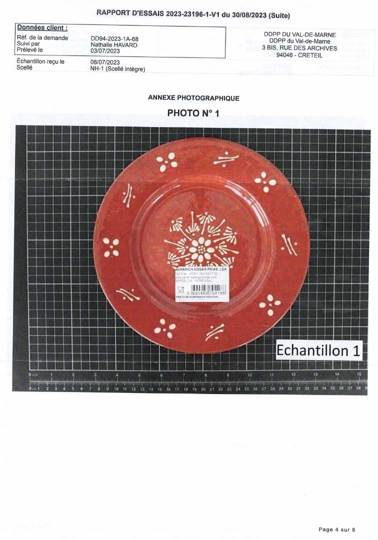 Assiette plates 22 cm Ceramicas Edgar Picas : photo du produit rappelé le 18/09/2023
