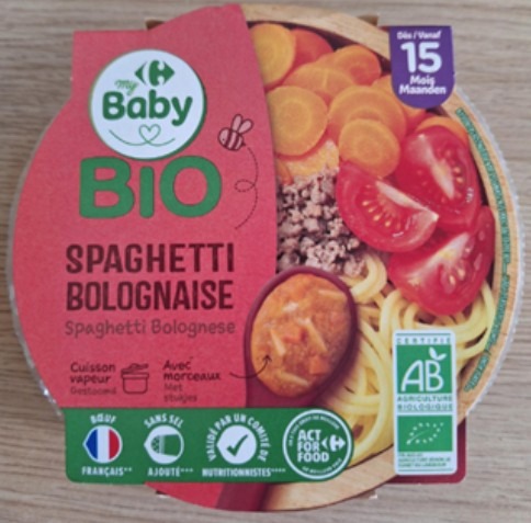 Assiette pour bébé - spaghetti bolognaise 15 mois 250 g Carrefour Baby BIO : photo du produit rappelé le 07/08/2026