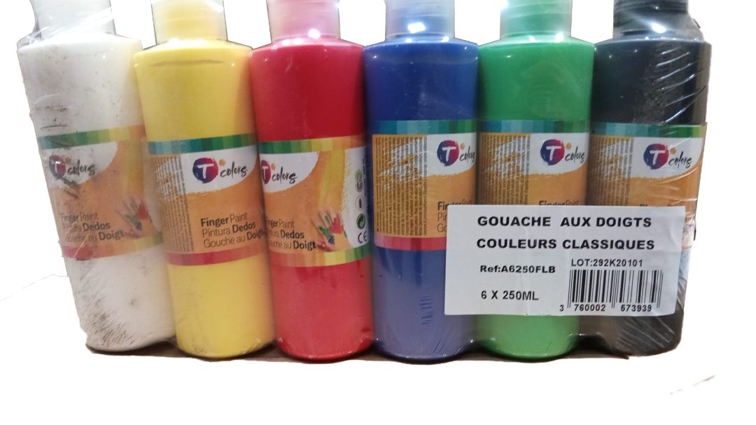 Assortiment de 6x250ml de peinture aux doigts couleurs classiques T'colors : photo du produit rappelé le 05/11/2024
