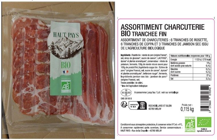 Assortiment de charcuterie bio 115 g, issu de l'agriculture Haut Pays : photo du produit rappelé le 02/07/2024