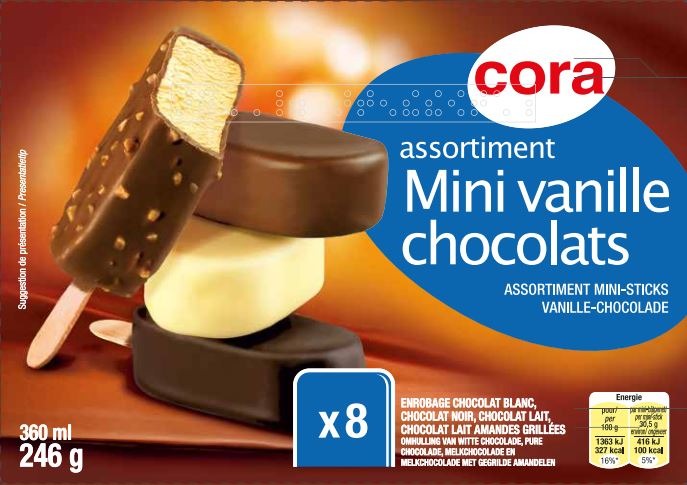 Assortiment mini vanille/chocolats x8 360 ml - 246 g Cora : photo du produit rappelé le 03/02/2022