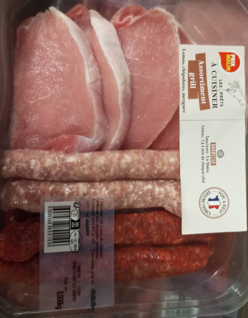 Assortiment pour grillade : côte, chipolatas et merguez : photo du produit rappelé le 30/05/2025