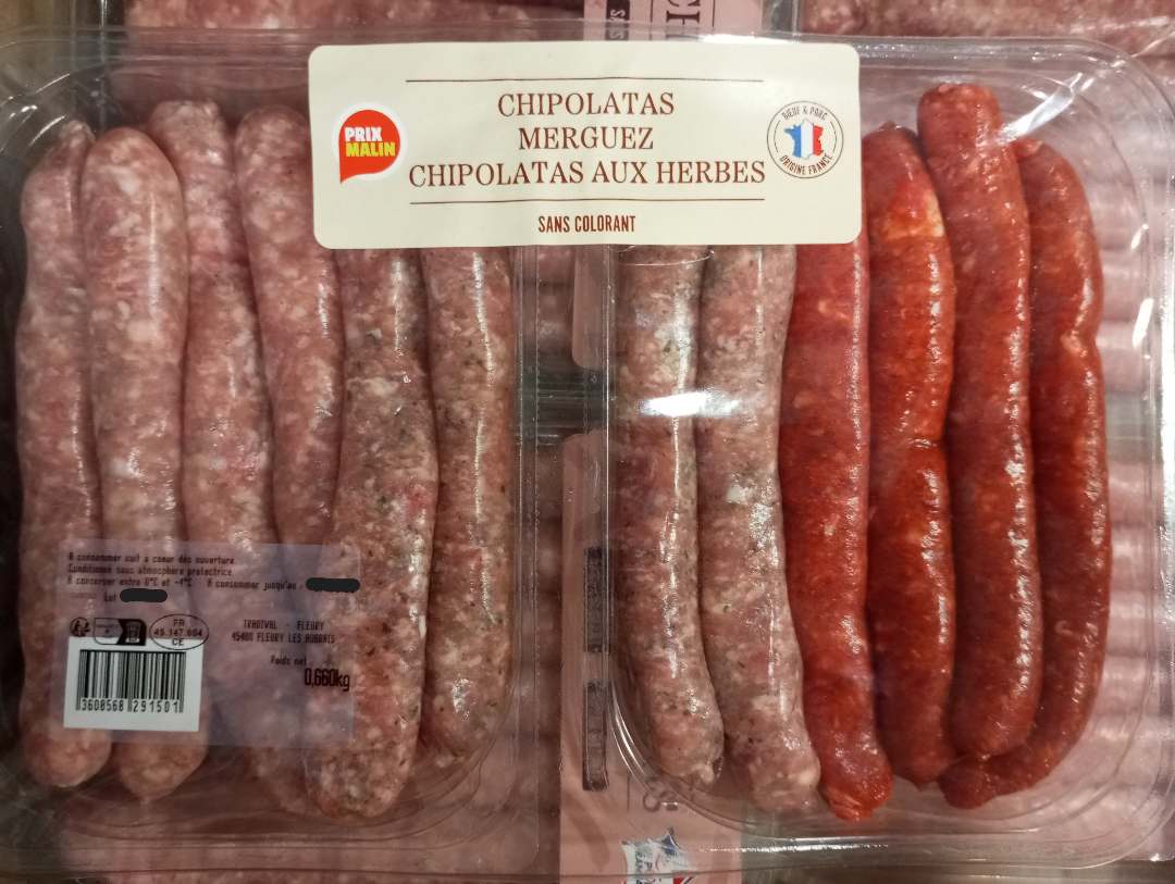 Assortiment saucisserie : chipolatas, chipolatas aux herbes et merguez x12 : photo du produit rappelé le 30/05/2025